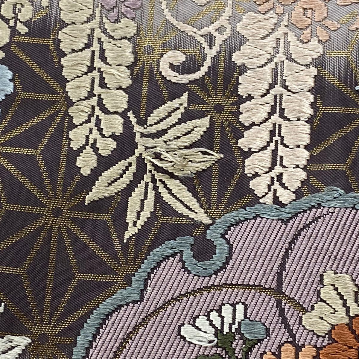 袋帶 秀品級 雪輪 草花紋紋 唐織 金金箔 灰紫 六通 純蠶絲