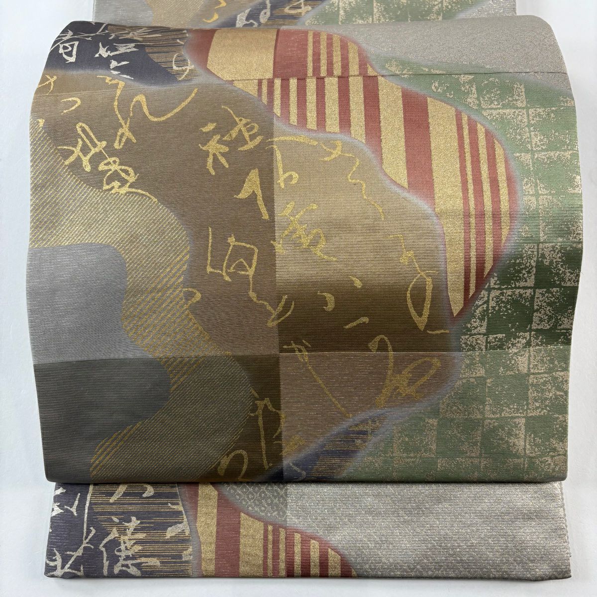 【庫存清倉】 【美品】 袋帶 名品級 有落款 一期一會 文字紋 疋田 金銀彩 灰色 六通 純蠶絲
