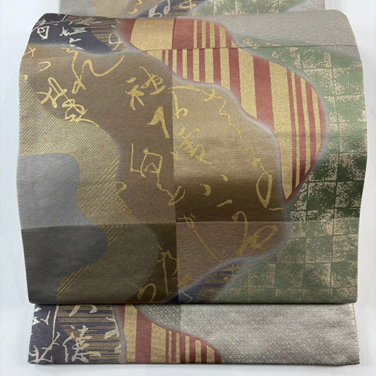 【庫存清倉】 【美品】 袋帶 名品級 有落款 一期一會 文字紋 疋田 金銀彩 灰色 六通 純蠶絲