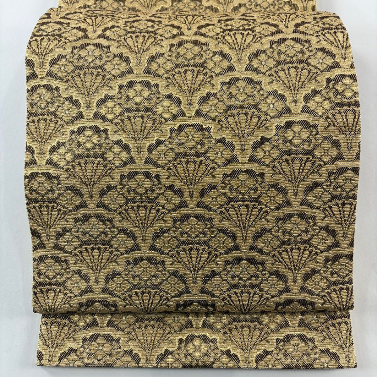 【庫存清倉】 【美品】 袋帶 名品級 雪輪青海文 金絲 黃土 深色 全通 純蠶絲