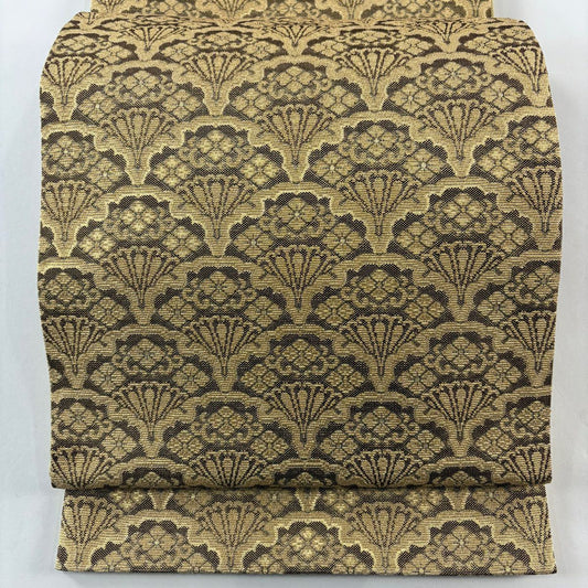 【庫存清倉】 【美品】 袋帶 名品級 雪輪青海文 金絲 黃土 深色 全通 純蠶絲