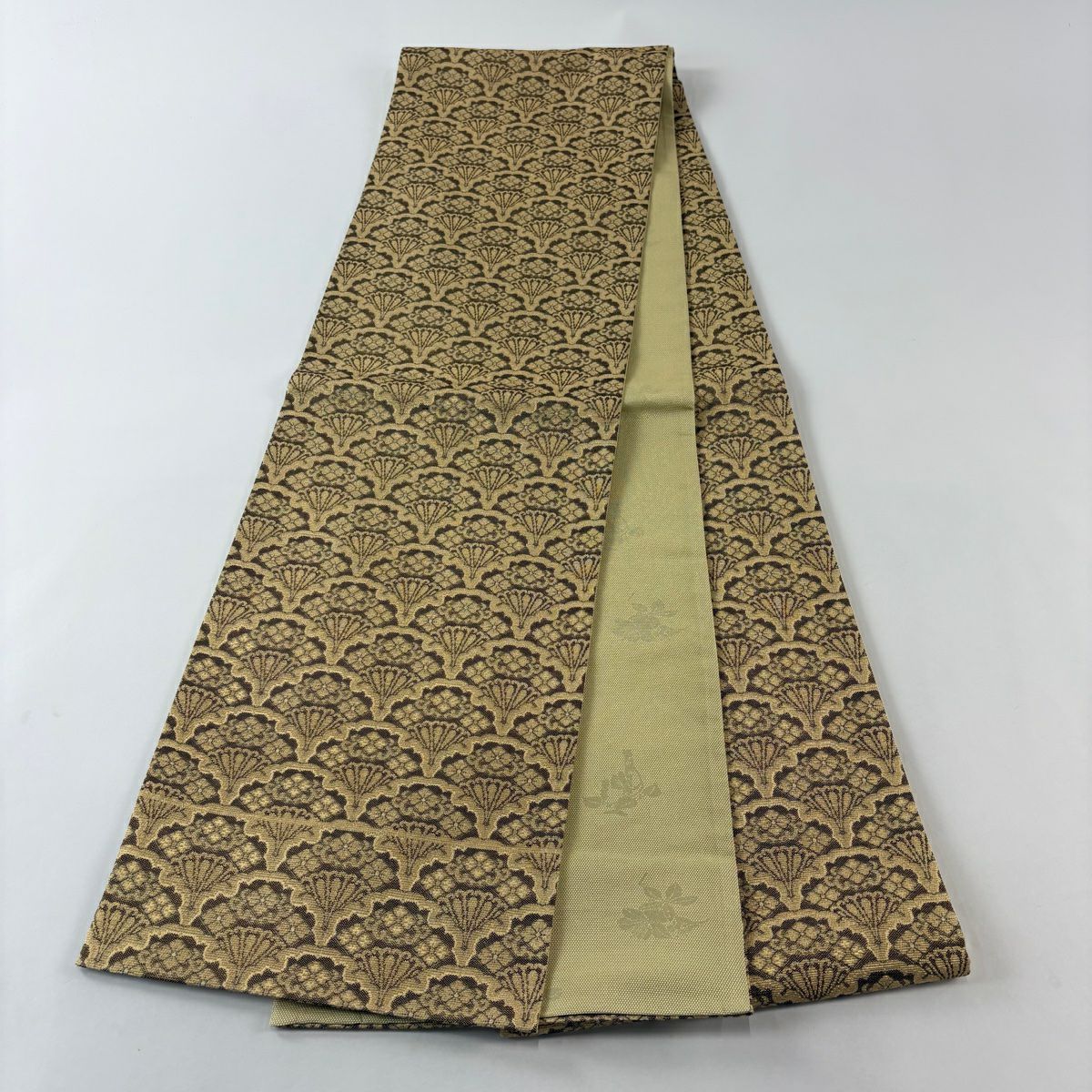 【庫存清倉】 【美品】 袋帶 名品級 雪輪青海文 金絲 黃土 深色 全通 純蠶絲