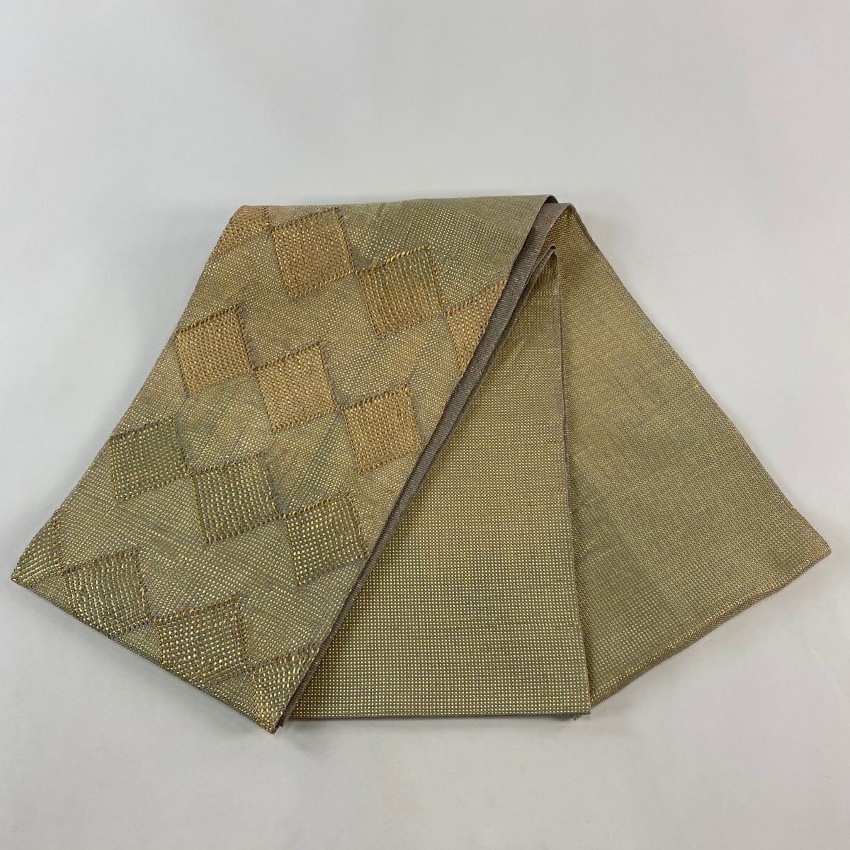 【庫存清倉】 【美品】 袋帶 名品級 菱格子 金絲 米色 大鼓圖案 純蠶絲