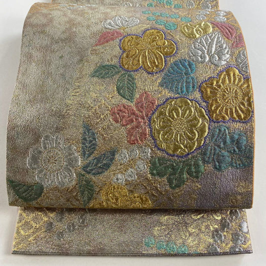 袋帶 秀品級 草花紋 金銀彩 金金箔 灰紫 お太鼓圖案 純蠶絲