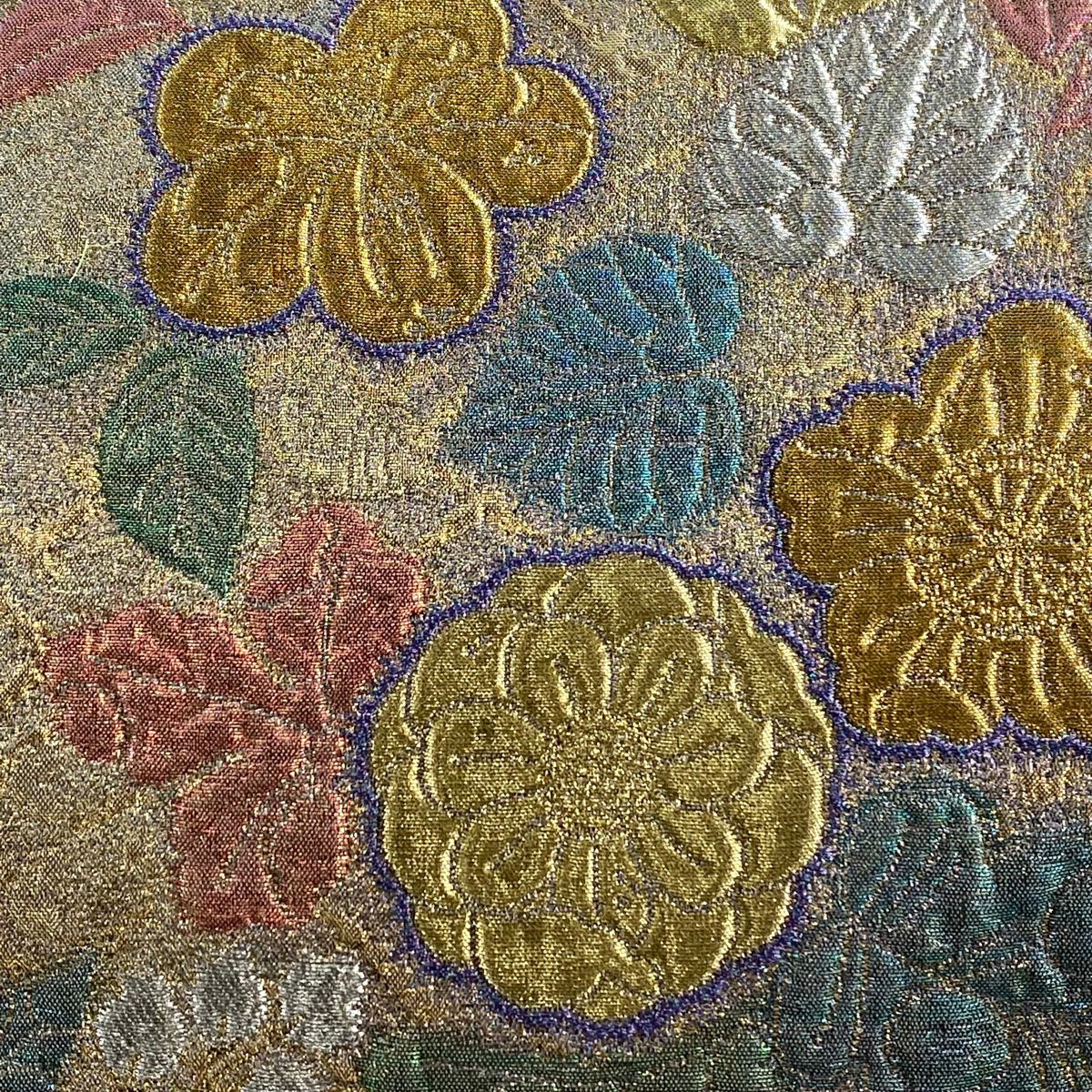 袋帶 秀品級 草花紋 金銀彩 金金箔 灰紫 お太鼓圖案 純蠶絲