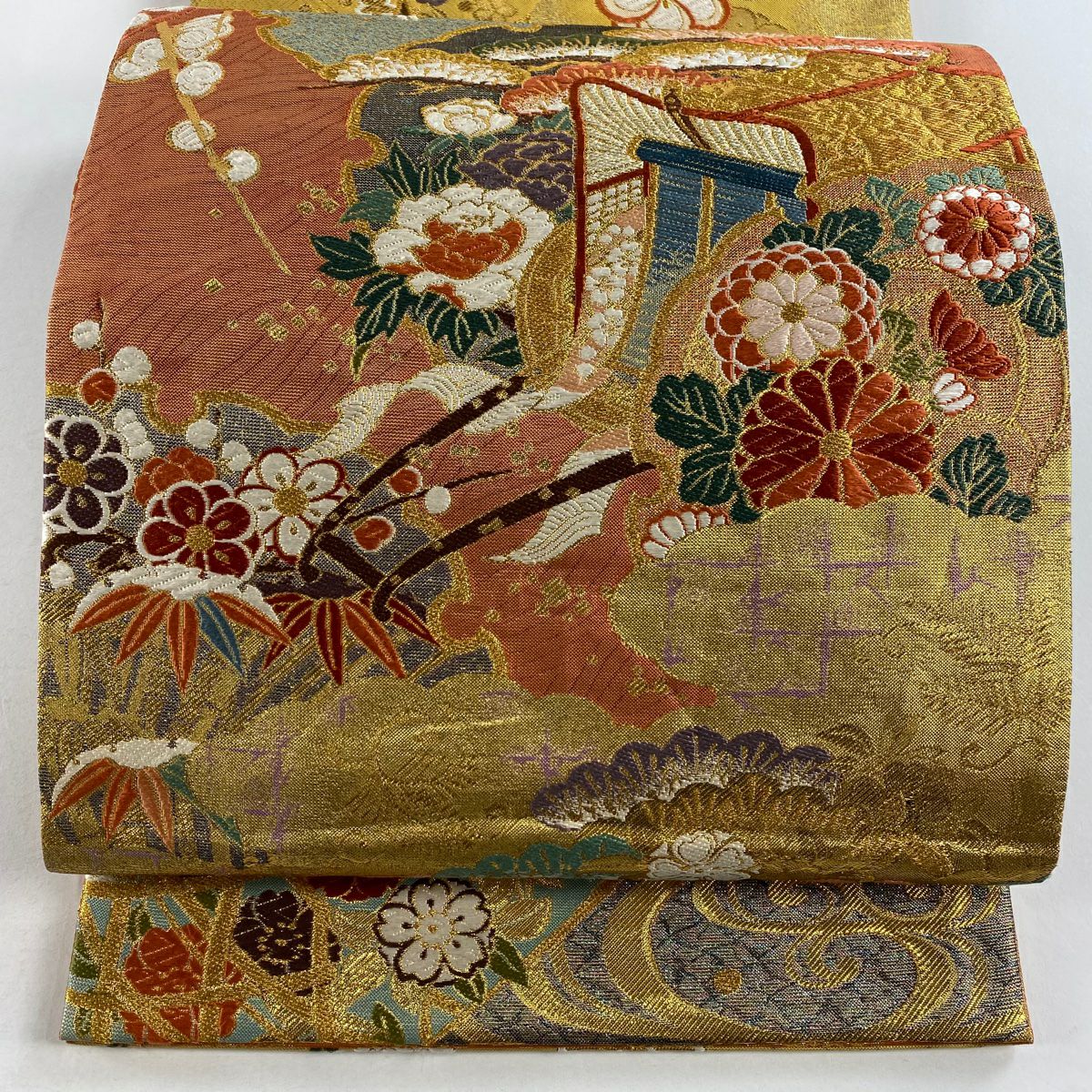 袋帶 秀品級 振袖禮服禮服用 御所車 雪輪 金絲 金金箔 朱紅色 大鼓圖案 純蠶絲