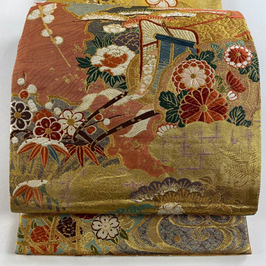 袋帶 秀品級 振袖禮服禮服用 御所車 雪輪 金絲 金金箔 朱紅色 大鼓圖案 純蠶絲