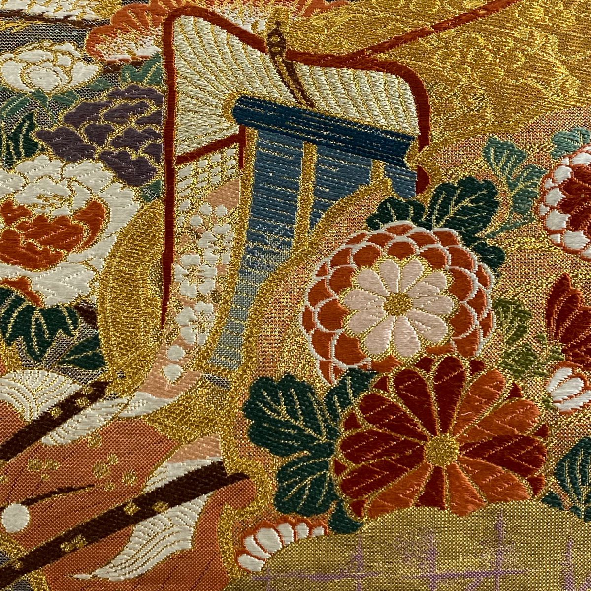 袋帶 秀品級 振袖禮服禮服用 御所車 雪輪 金絲 金金箔 朱紅色 大鼓圖案 純蠶絲