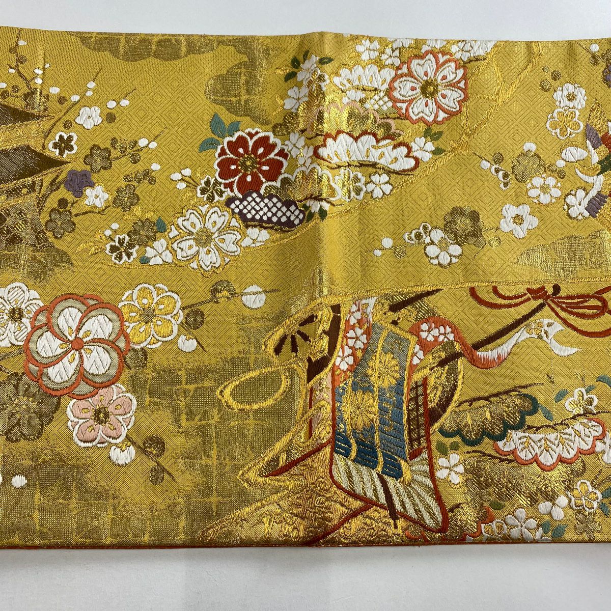 袋帶 秀品級 振袖禮服禮服用 御所車 雪輪 金絲 金金箔 朱紅色 大鼓圖案 純蠶絲