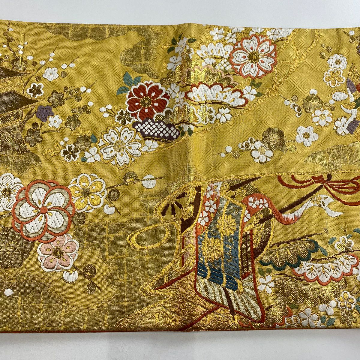 袋帶 秀品級 振袖禮服禮服用 御所車 雪輪 金絲 金金箔 朱紅色 大鼓圖案 純蠶絲