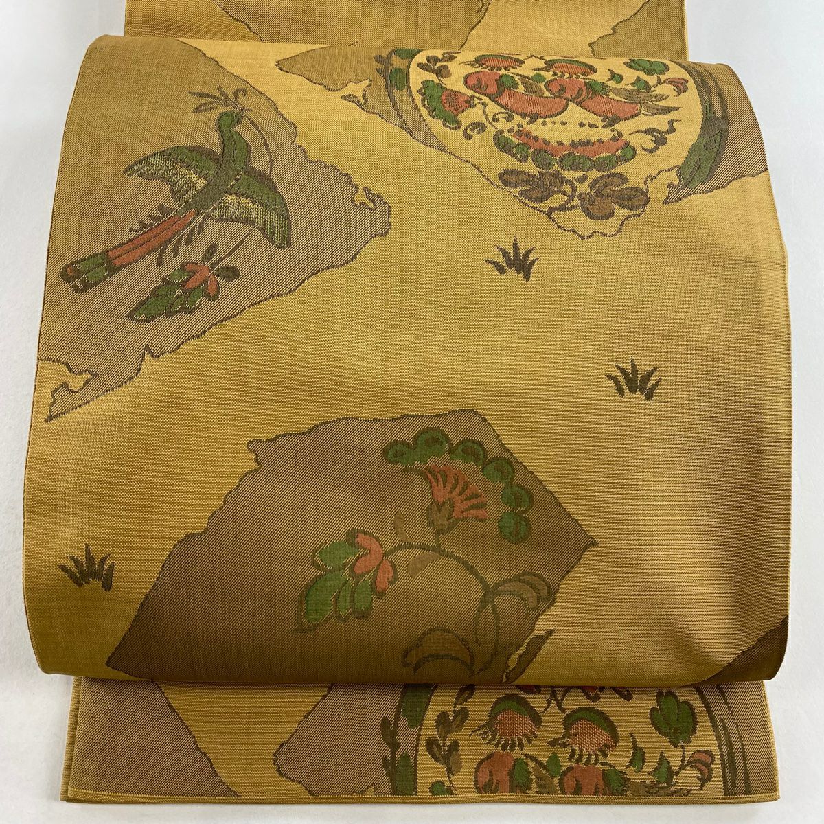 【美品】 袋帶 秀品級 紬織織地 關西仕立 花鳥 花喰鳥 米色 六通 純蠶絲