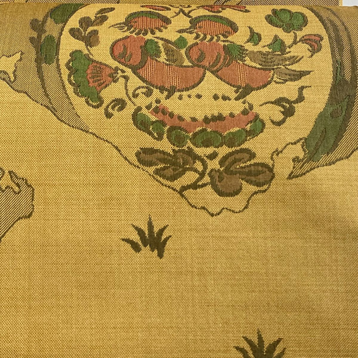 【美品】 袋帶 秀品級 紬織織地 關西仕立 花鳥 花喰鳥 米色 六通 純蠶絲