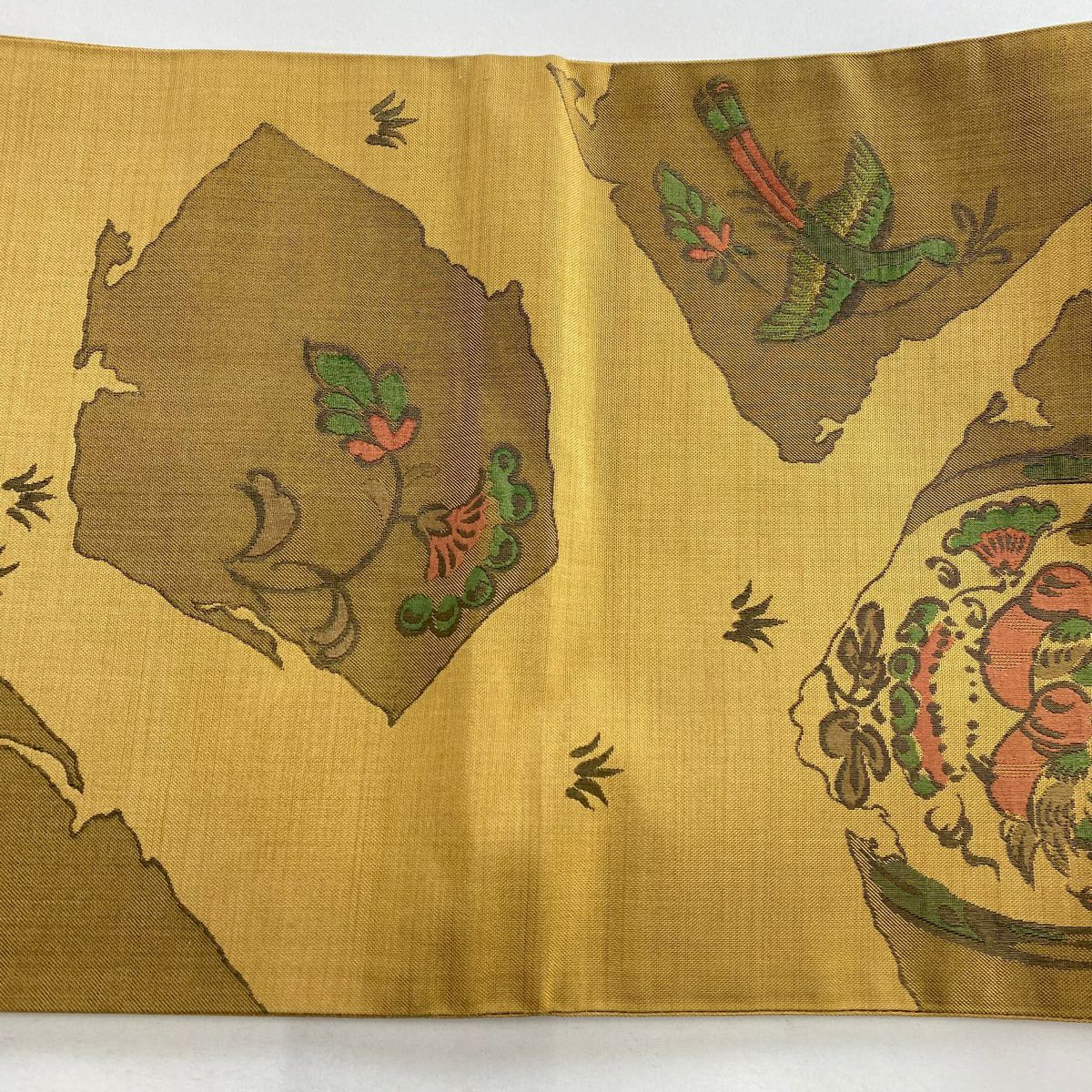 【美品】 袋帶 秀品級 紬織織地 關西仕立 花鳥 花喰鳥 米色 六通 純蠶絲