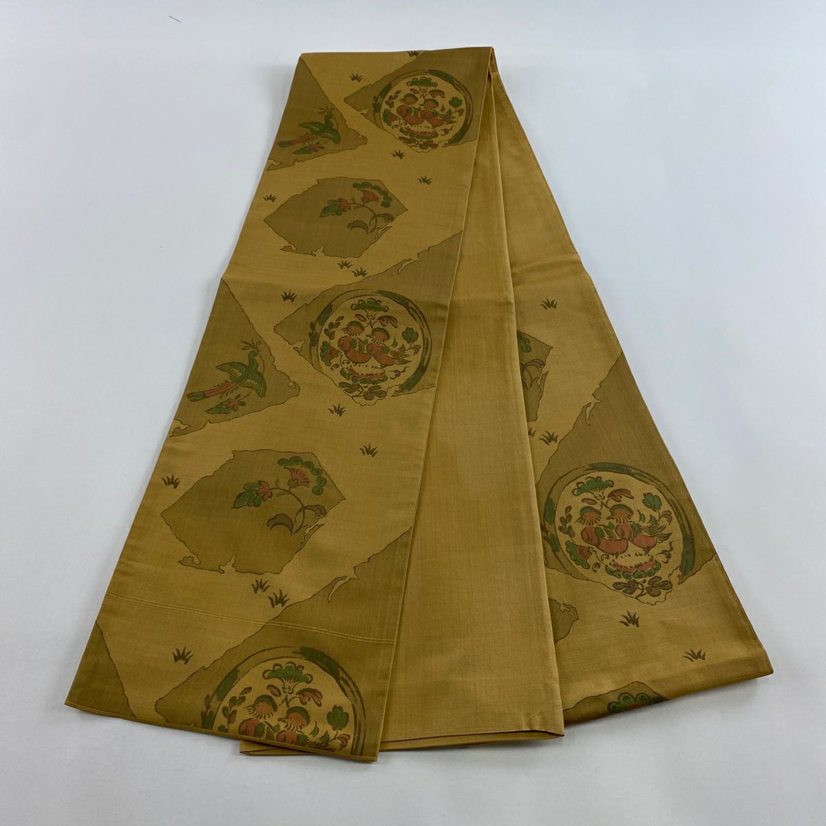 【美品】 袋帶 秀品級 紬織織地 關西仕立 花鳥 花喰鳥 米色 六通 純蠶絲