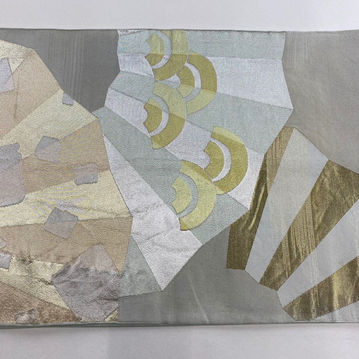 袋帶 秀品級 川島織物 落款 扇子面 破裂色紙 金銀線 金金箔 灰色 六通 純蠶絲