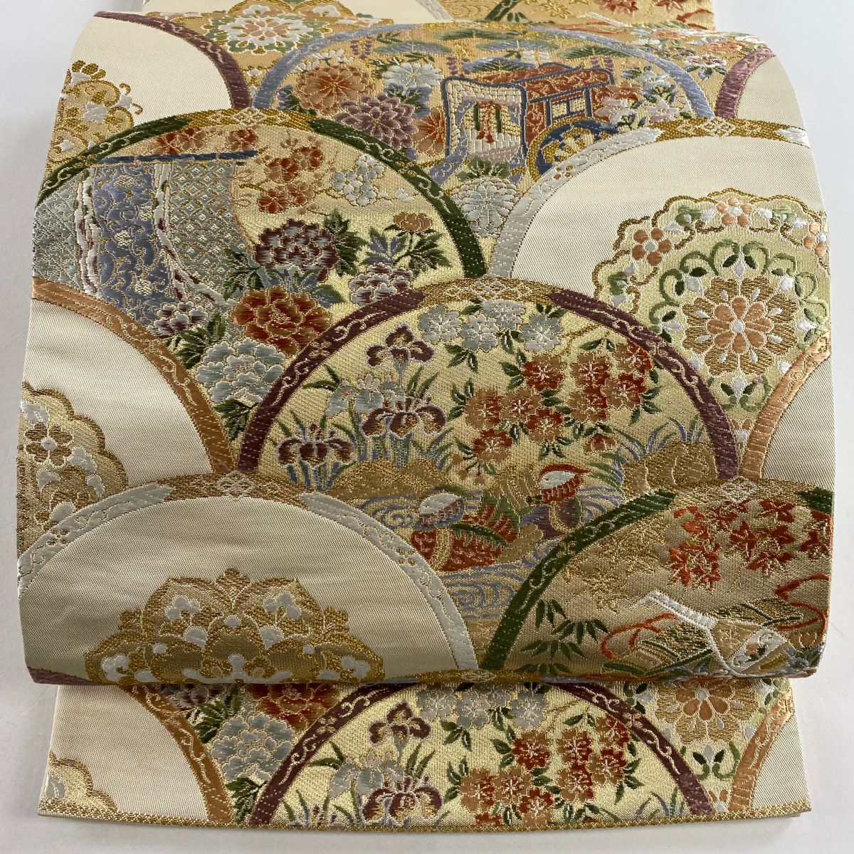 【美品】 袋帶 秀品級 鴛鴦 華紋 金金箔 金絲 米色 六通 純蠶絲