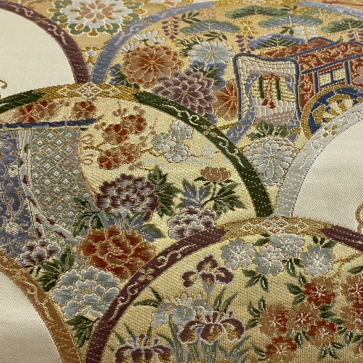 【美品】 袋帶 秀品級 鴛鴦 華紋 金金箔 金絲 米色 六通 純蠶絲