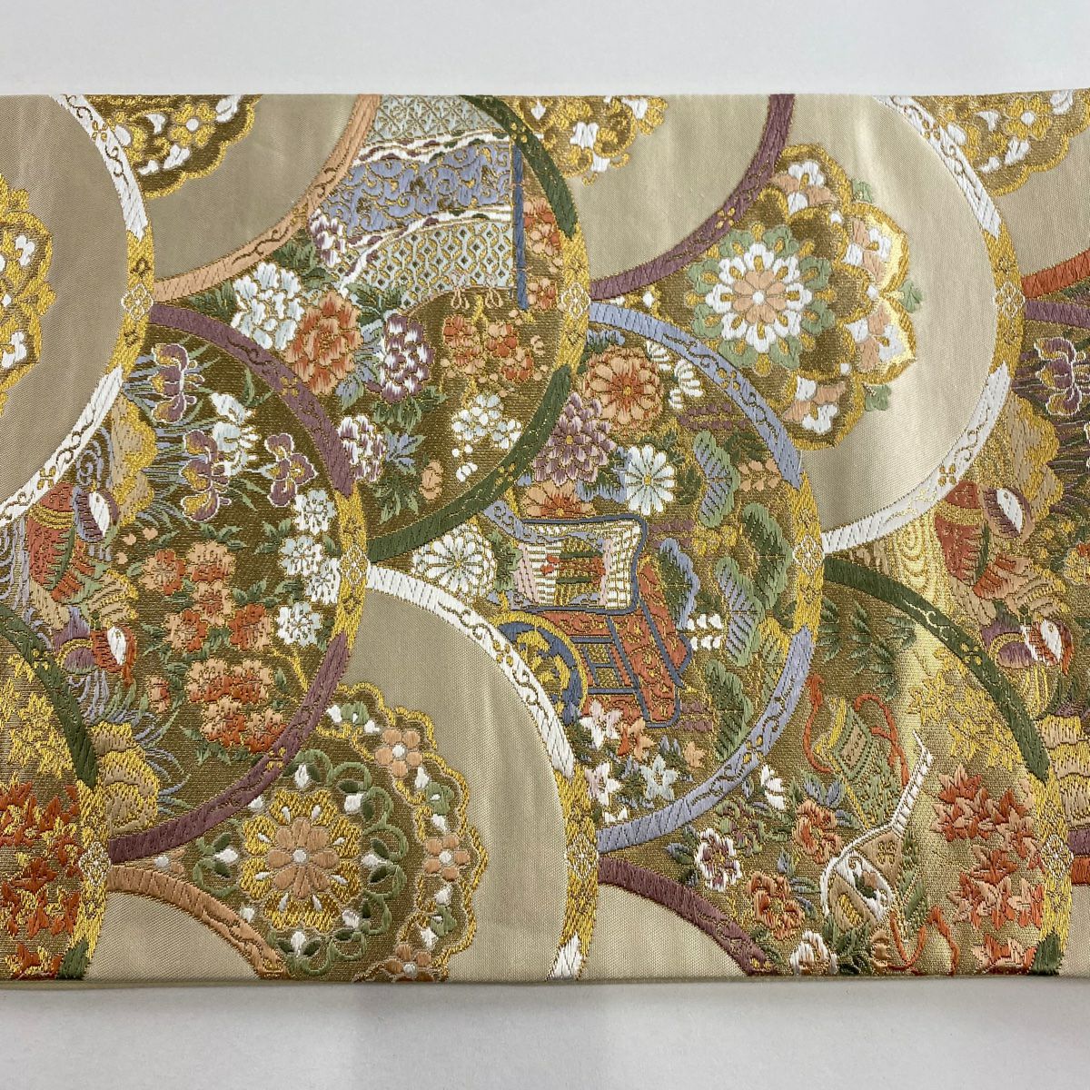 【美品】 袋帶 秀品級 鴛鴦 華紋 金金箔 金絲 米色 六通 純蠶絲