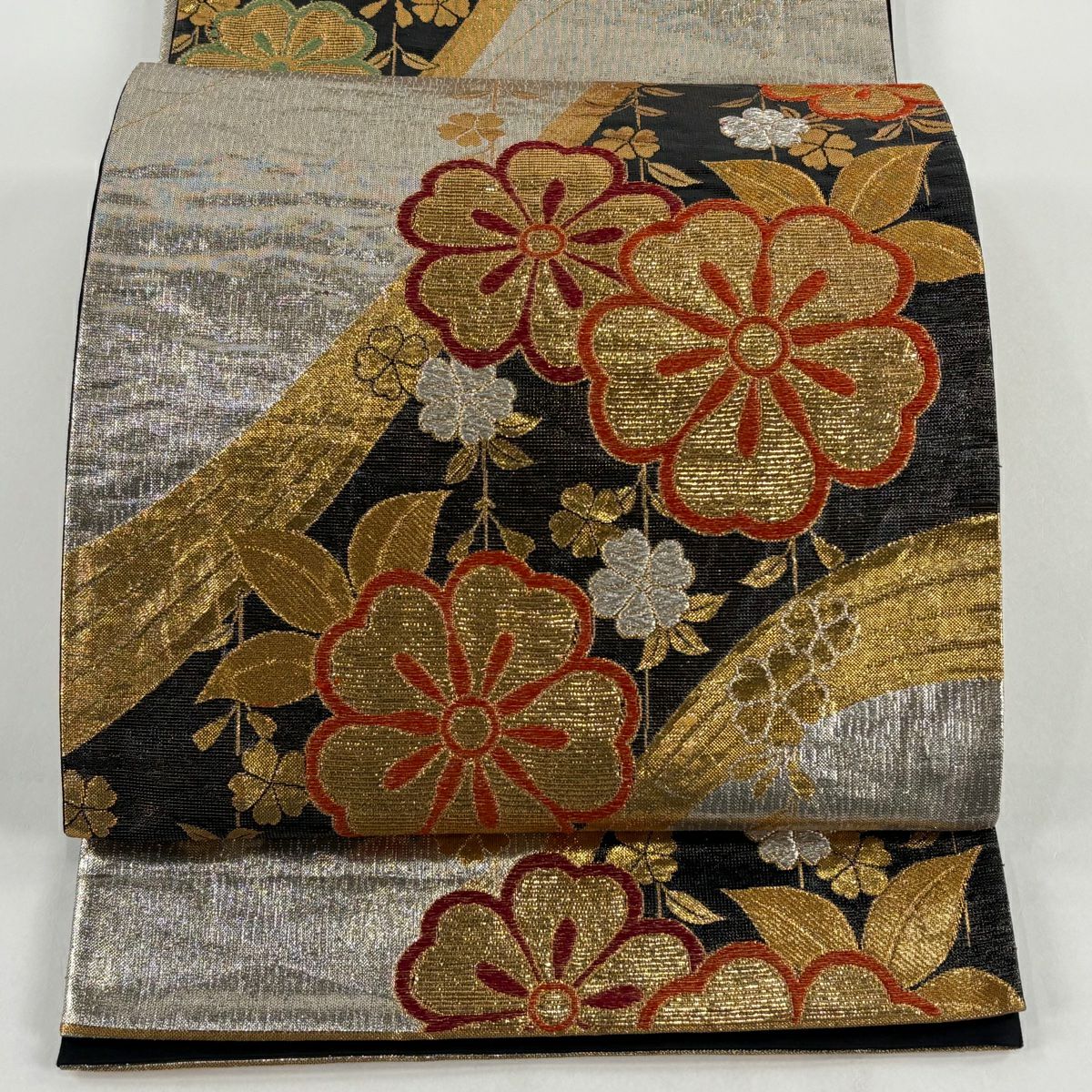【美品】 袋帶 秀品級 櫻花 流水 金金箔 金銀絲 黑 六通 純蠶絲