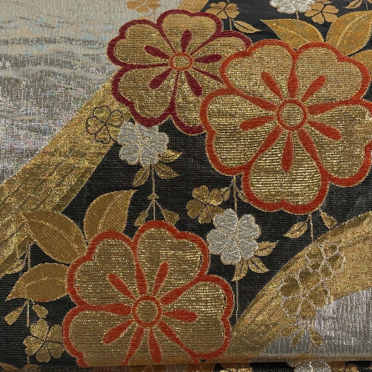 【美品】 袋帶 秀品級 櫻花 流水 金金箔 金銀絲 黑 六通 純蠶絲
