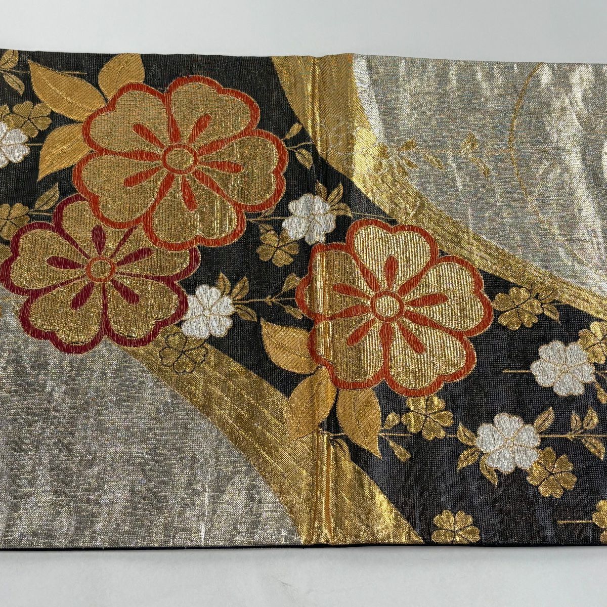 【美品】 袋帶 秀品級 櫻花 流水 金金箔 金銀絲 黑 六通 純蠶絲