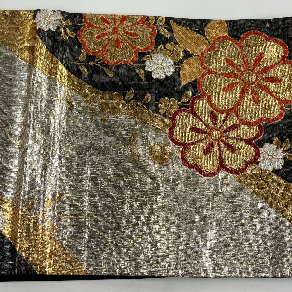 【美品】 袋帶 秀品級 櫻花 流水 金金箔 金銀絲 黑 六通 純蠶絲