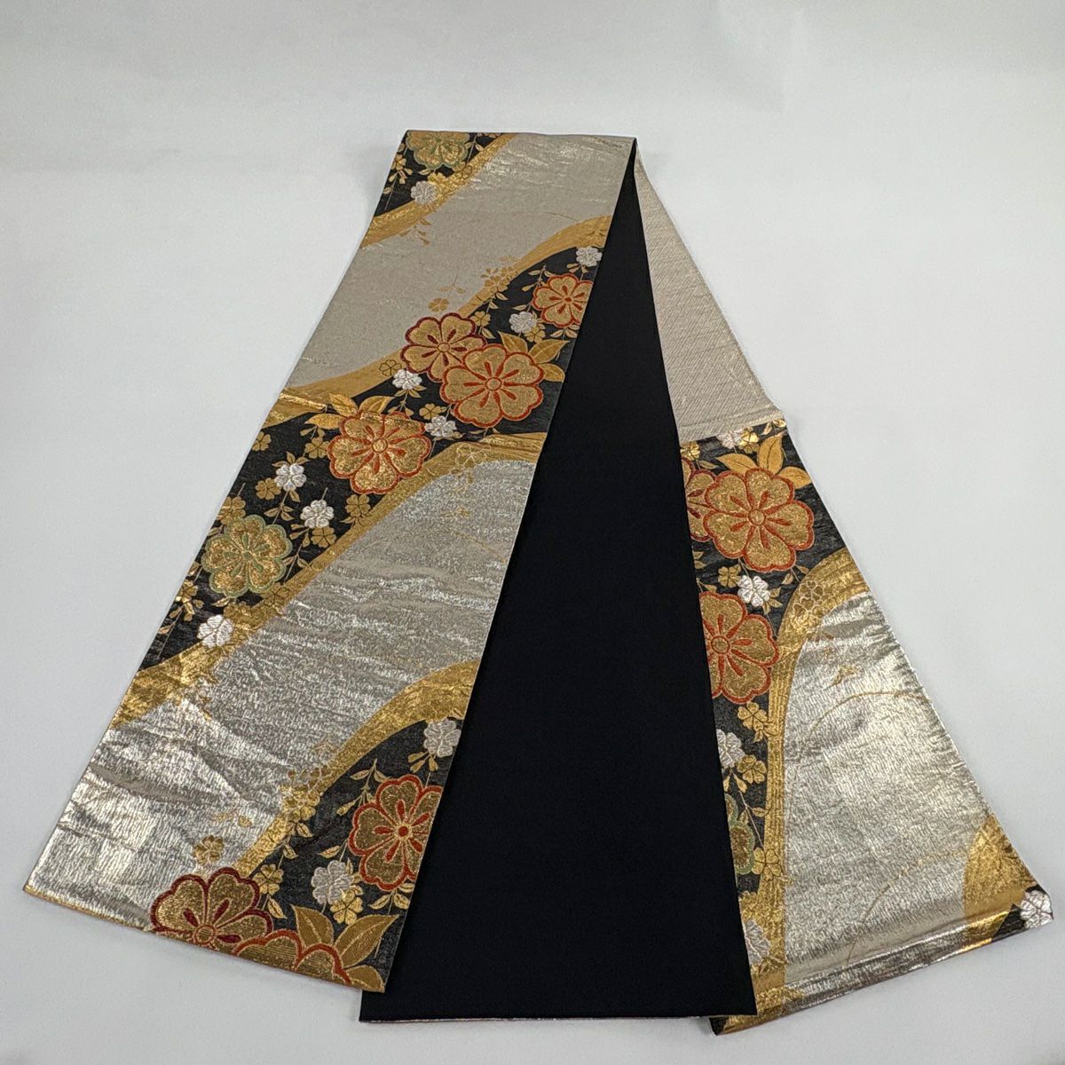 【美品】 袋帶 秀品級 櫻花 流水 金金箔 金銀絲 黑 六通 純蠶絲