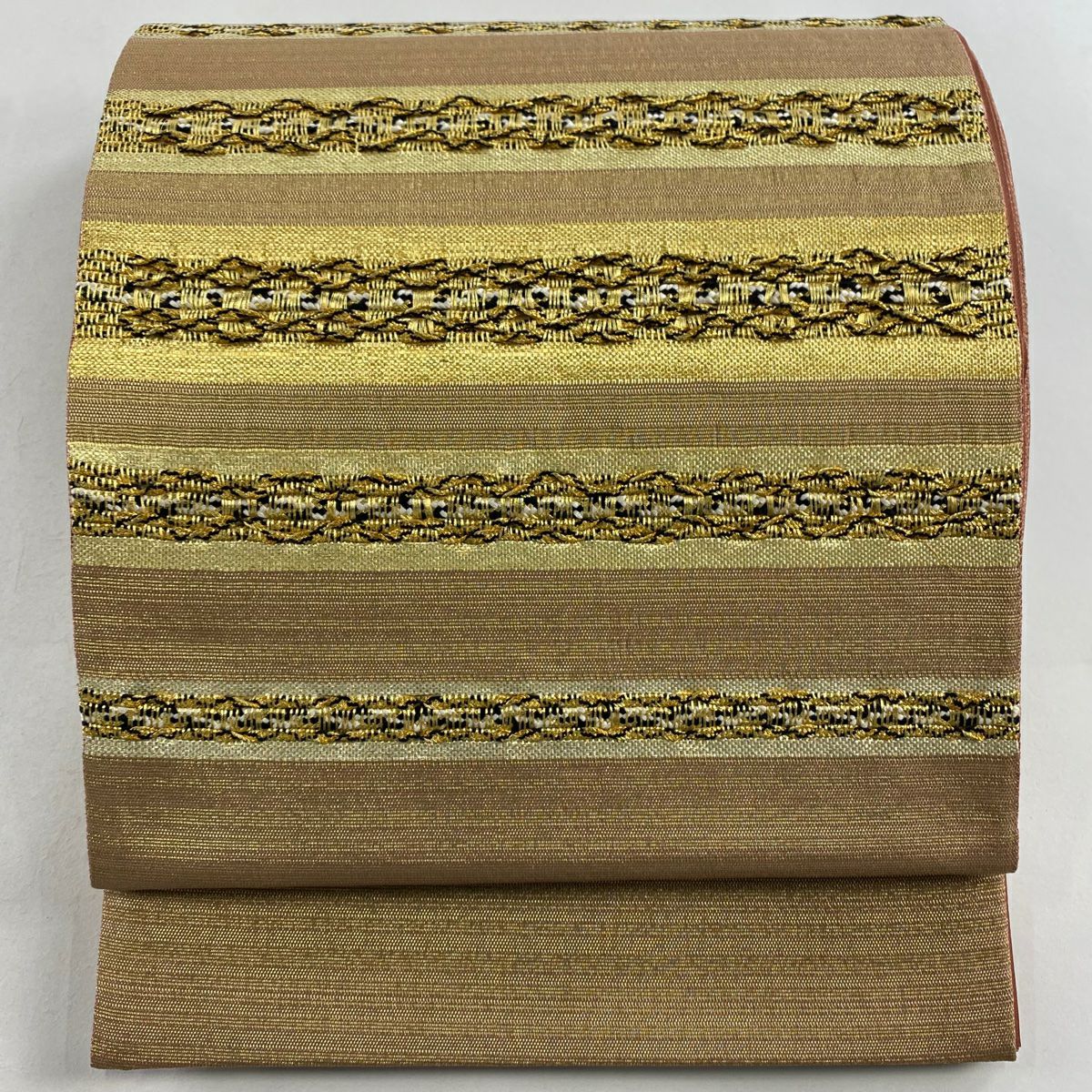 【美品】 袋帶 秀品級 段紋 幾何學 金絲 金金箔 淺茶 紋樣 純蠶絲