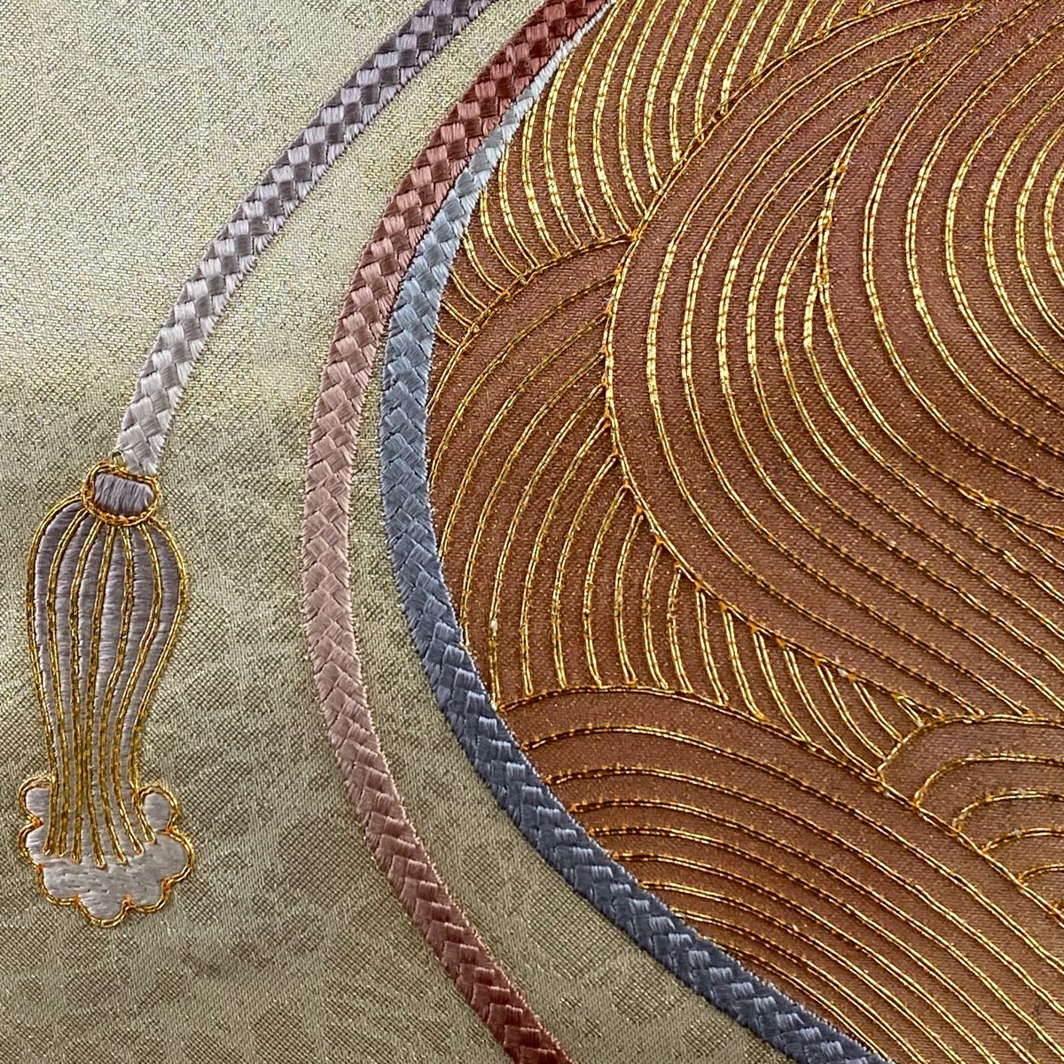 名古屋帶 優品級 組織帶 波紋 刺繡 金絲 金色 純蠶絲