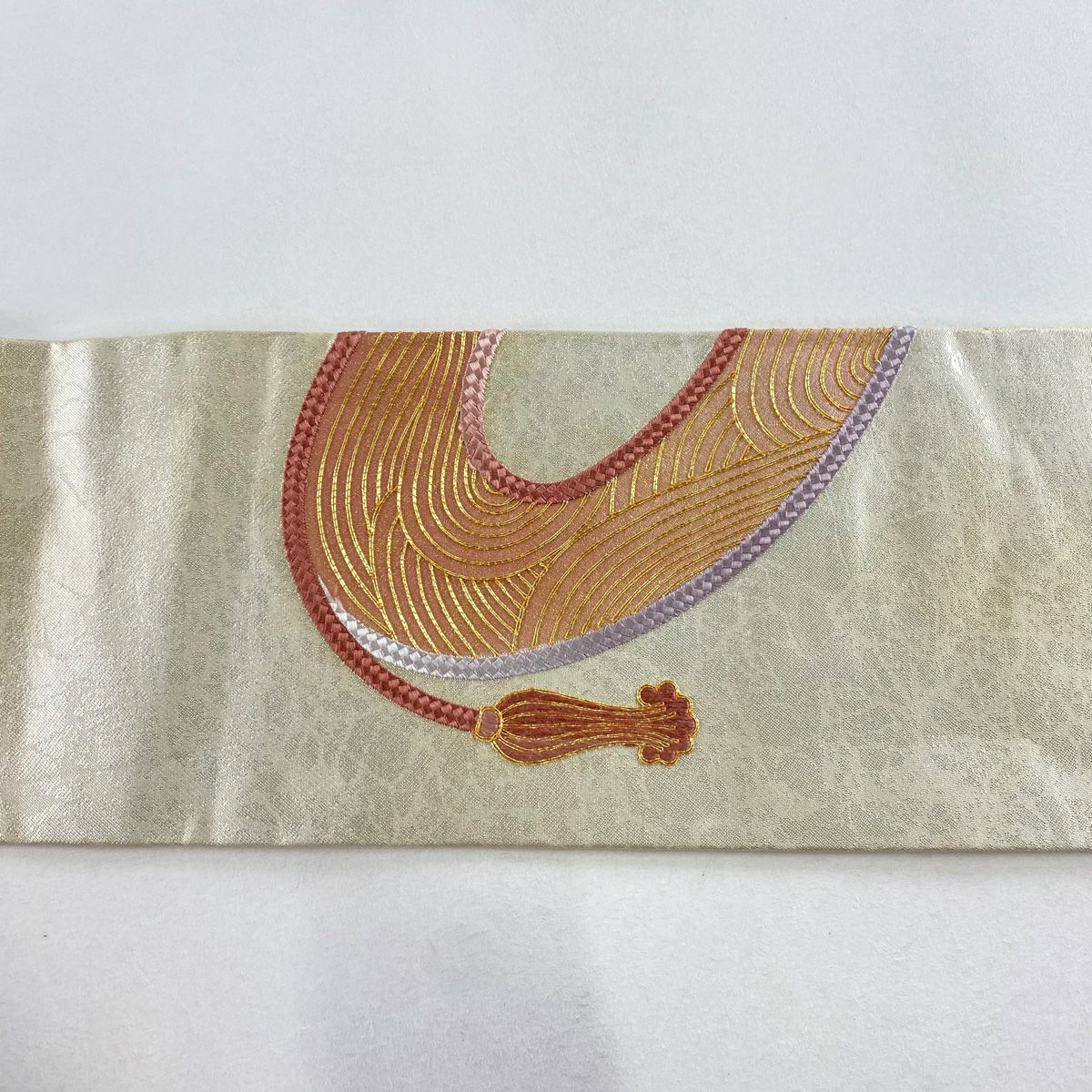 名古屋帶 優品級 組織帶 波紋 刺繡 金絲 金色 純蠶絲