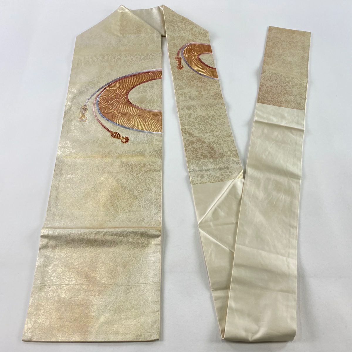 名古屋帶 優品級 組織帶 波紋 刺繡 金絲 金色 純蠶絲