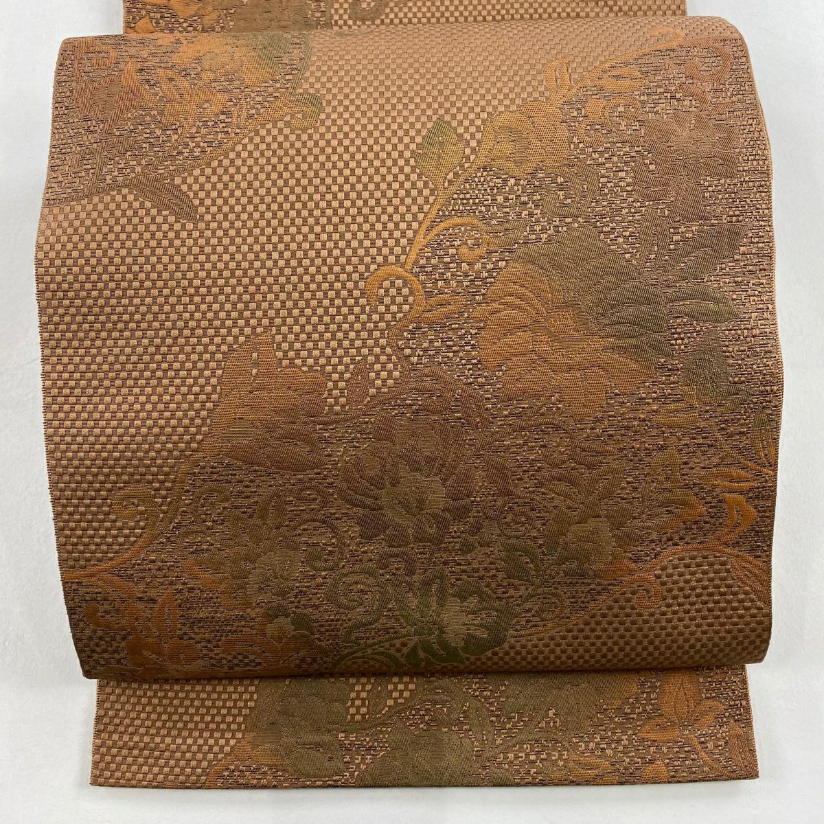 【美品】名古屋帶 優品級 八寸名古屋帶 隧道仕立 花唐草紋 茶 純蠶絲