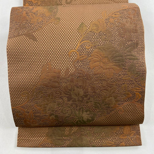 【美品】名古屋帶 優品級 八寸名古屋帶 隧道仕立 花唐草紋 茶 純蠶絲