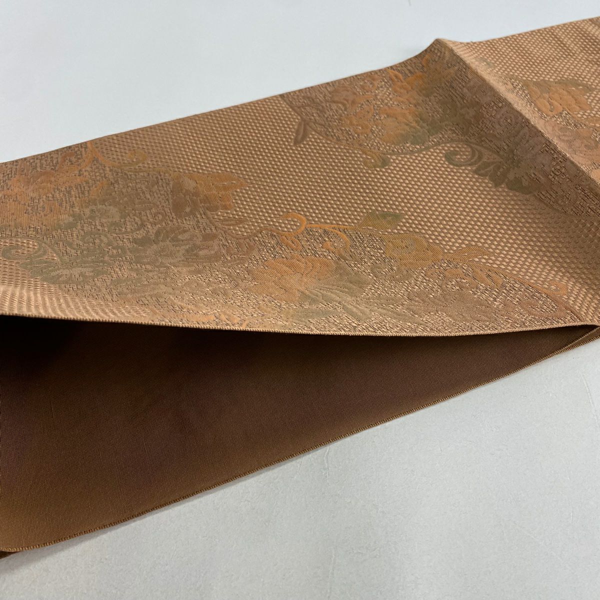 【美品】名古屋帶 優品級 八寸名古屋帶 隧道仕立 花唐草紋 茶 純蠶絲