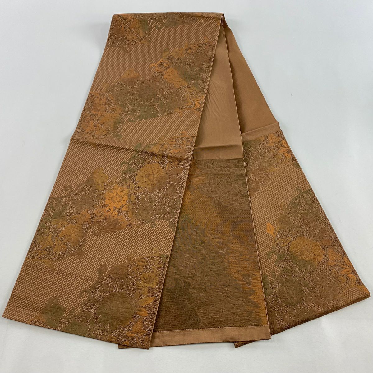 【美品】名古屋帶 優品級 八寸名古屋帶 隧道仕立 花唐草紋 茶 純蠶絲