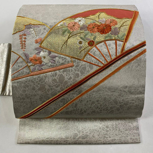 名古屋帶 優品級 關西仕立 扇子 菊花 刺繡 金銀彩 純蠶絲