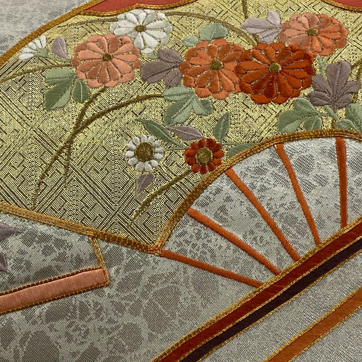 名古屋帶 優品級 關西仕立 扇子 菊花 刺繡 金銀彩 純蠶絲
