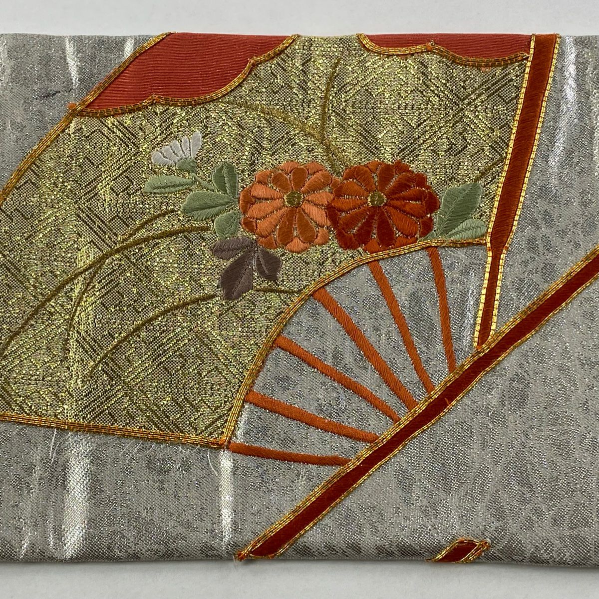 名古屋帶 優品級 關西仕立 扇子 菊花 刺繡 金銀彩 純蠶絲