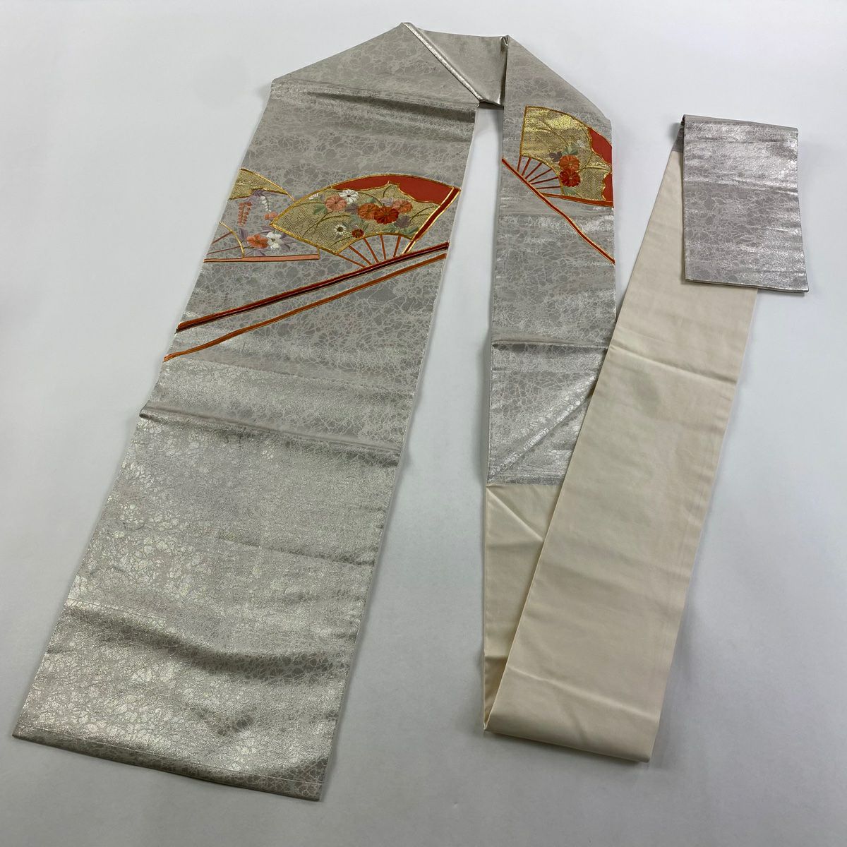 名古屋帶 優品級 關西仕立 扇子 菊花 刺繡 金銀彩 純蠶絲