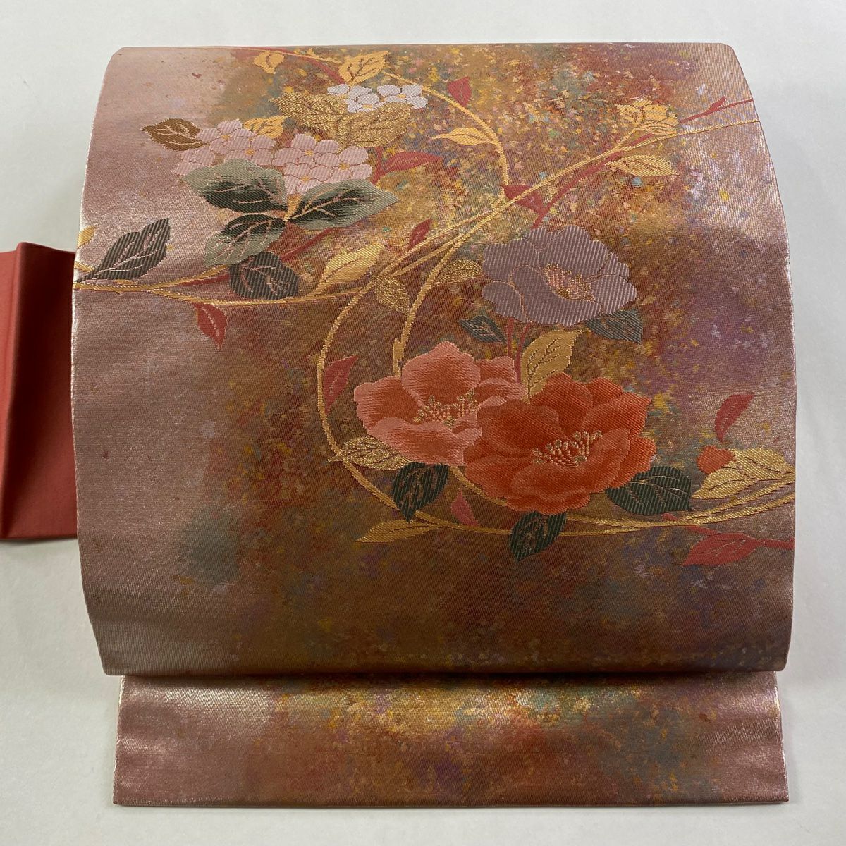 名古屋帶 優品級 草花紋幾何圖案 銀 純蠶絲