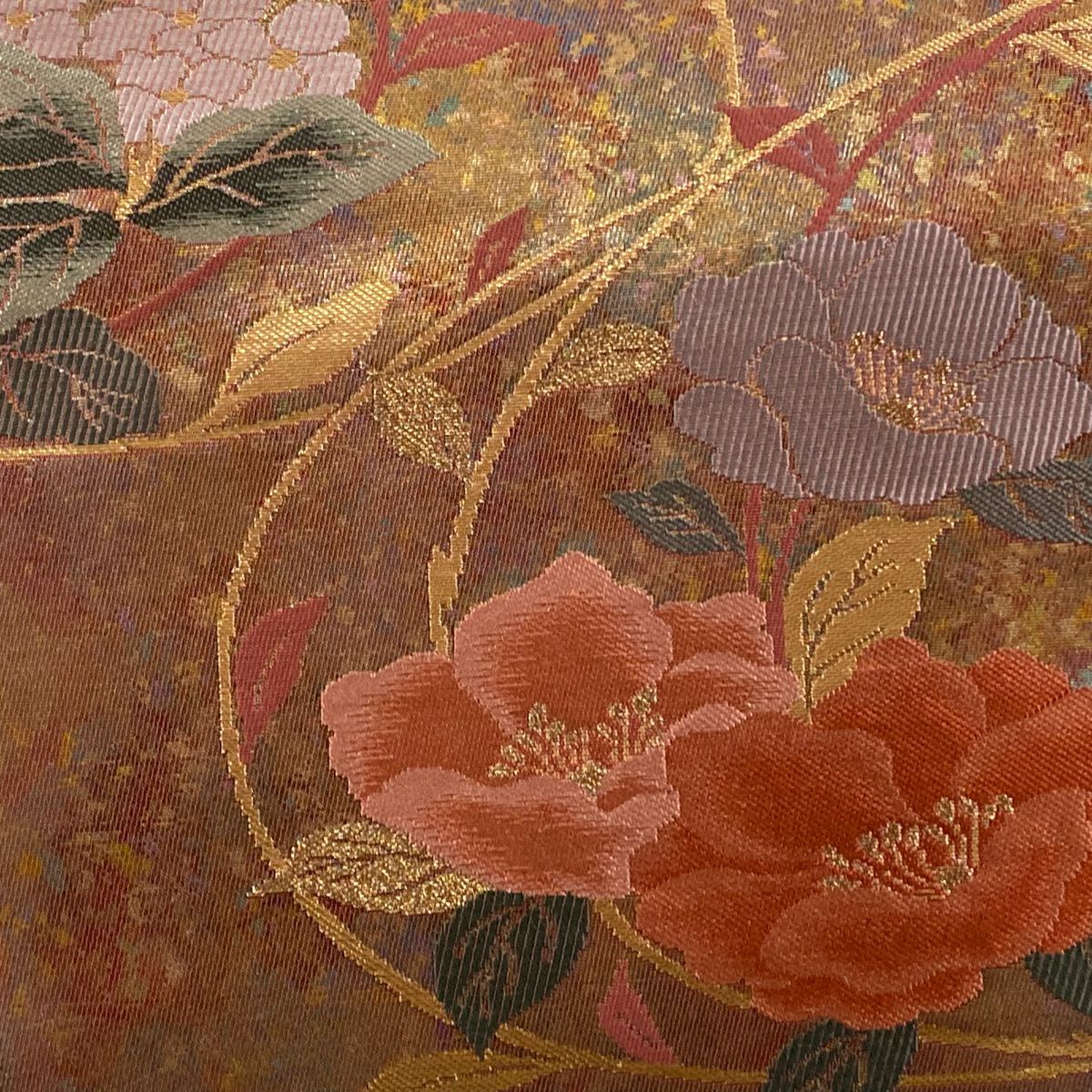 名古屋帶 優品級 草花紋幾何圖案 銀 純蠶絲