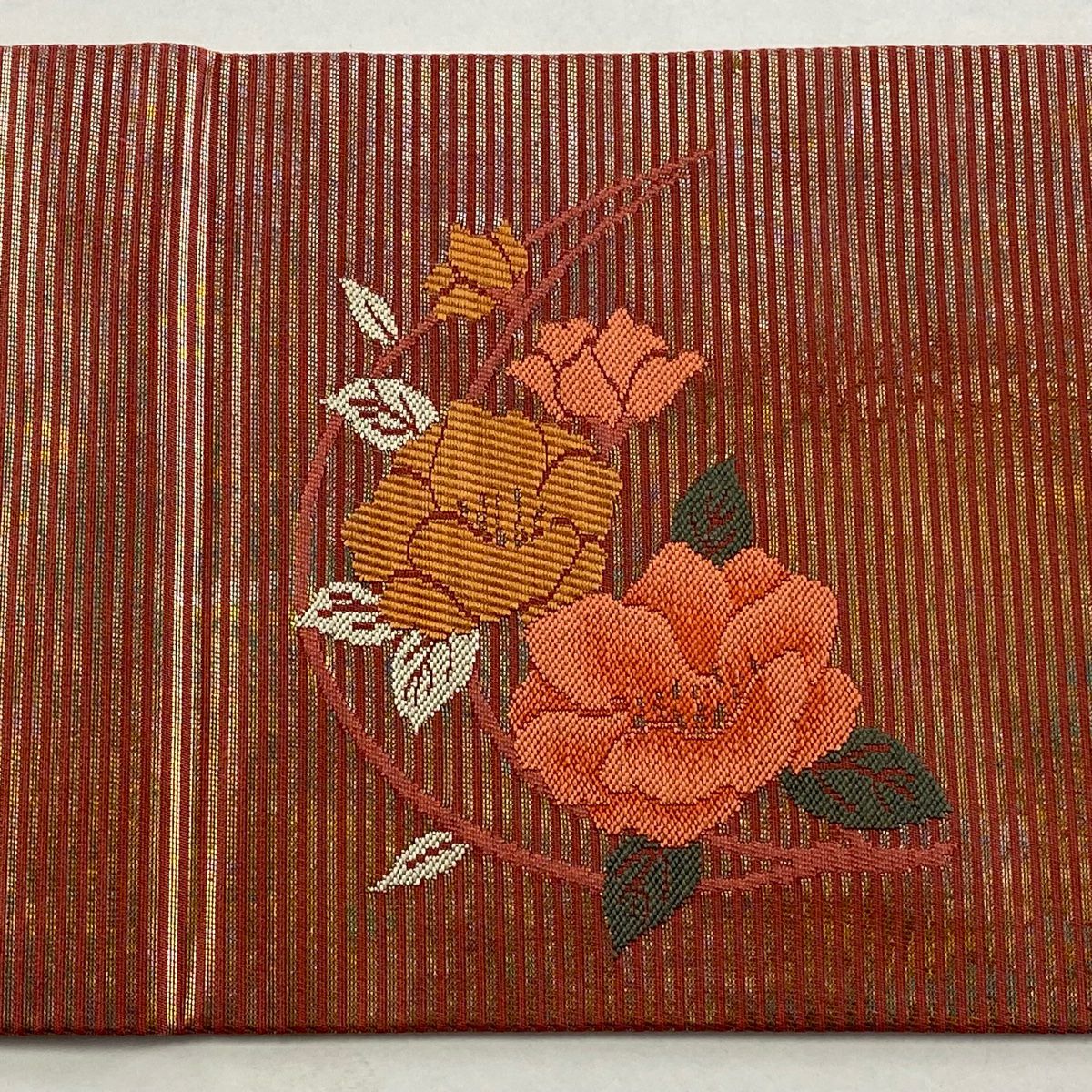 名古屋帶 優品級 草花紋幾何圖案 銀 純蠶絲