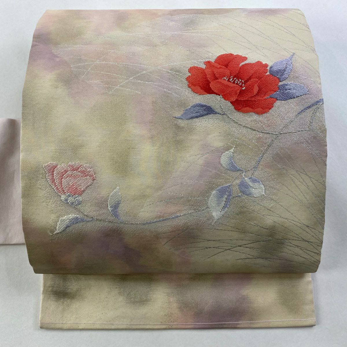名古屋帶 優品級 關西仕立 枝花 芝 刺繡 銀線 米色 純蠶絲