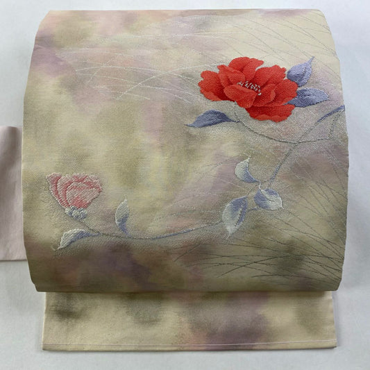 名古屋帶 優品級 關西仕立 枝花 芝 刺繡 銀線 米色 純蠶絲