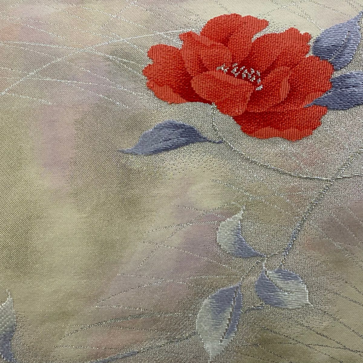 名古屋帶 優品級 關西仕立 枝花 芝 刺繡 銀線 米色 純蠶絲