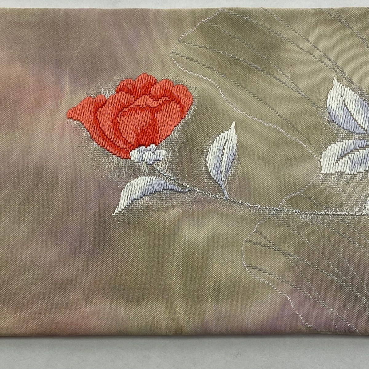 名古屋帶 優品級 關西仕立 枝花 芝 刺繡 銀線 米色 純蠶絲