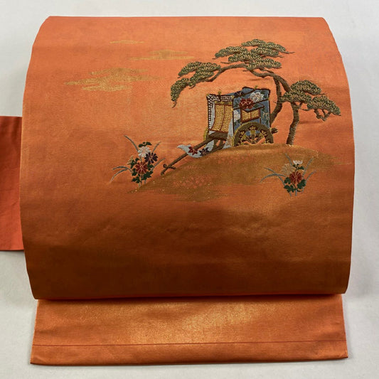 名古屋帶 優品級 關西仕立 御所車 松樹 刺繡 金銀彩 朱 純蠶絲