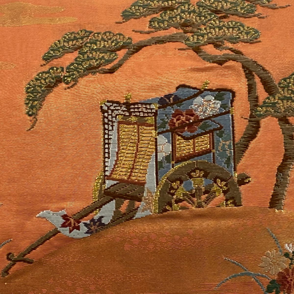 名古屋帶 優品級 關西仕立 御所車 松樹 刺繡 金銀彩 朱 純蠶絲
