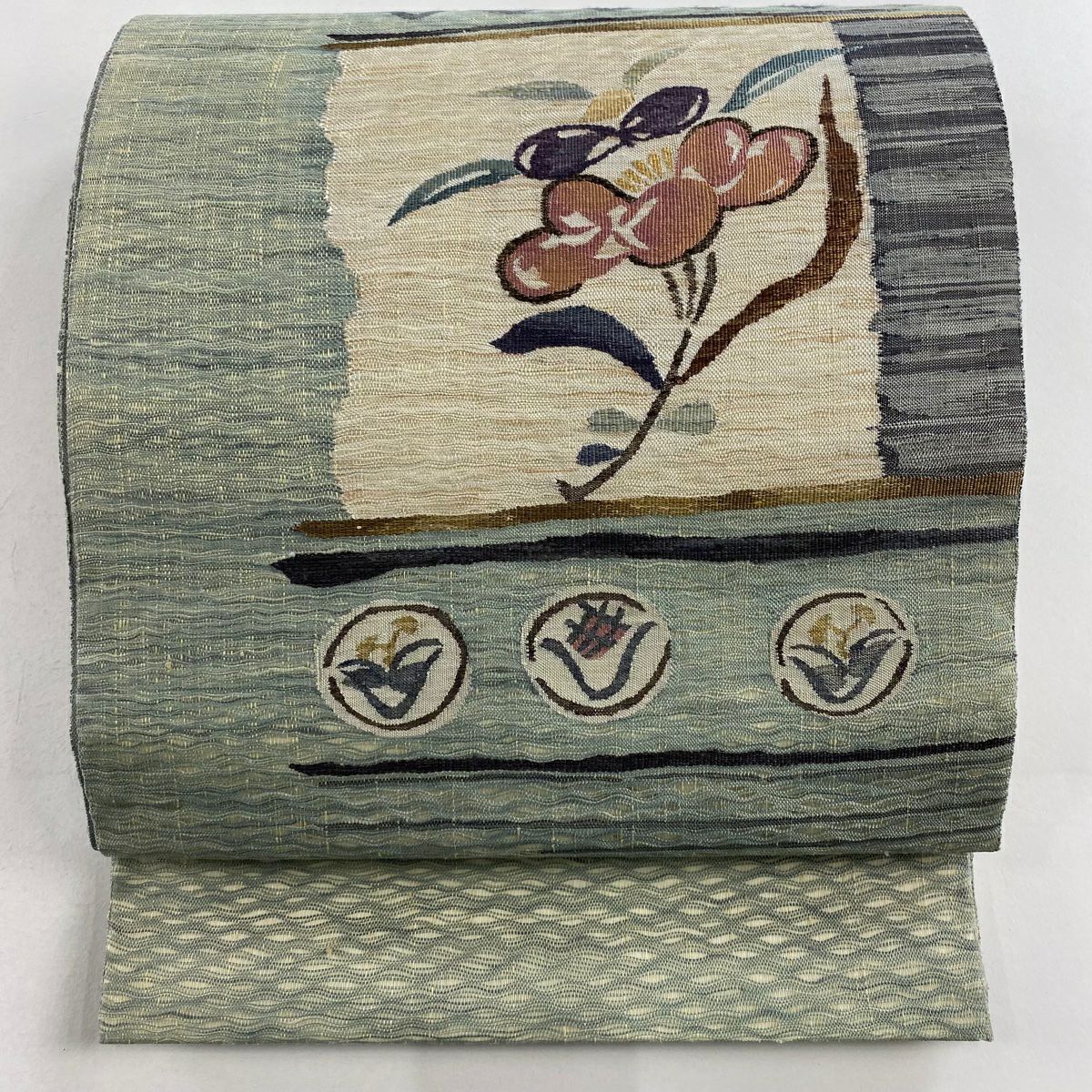 【美品】 袋帶 秀品級 草花紋 灰綠 お太鼓圖案 純蠶絲