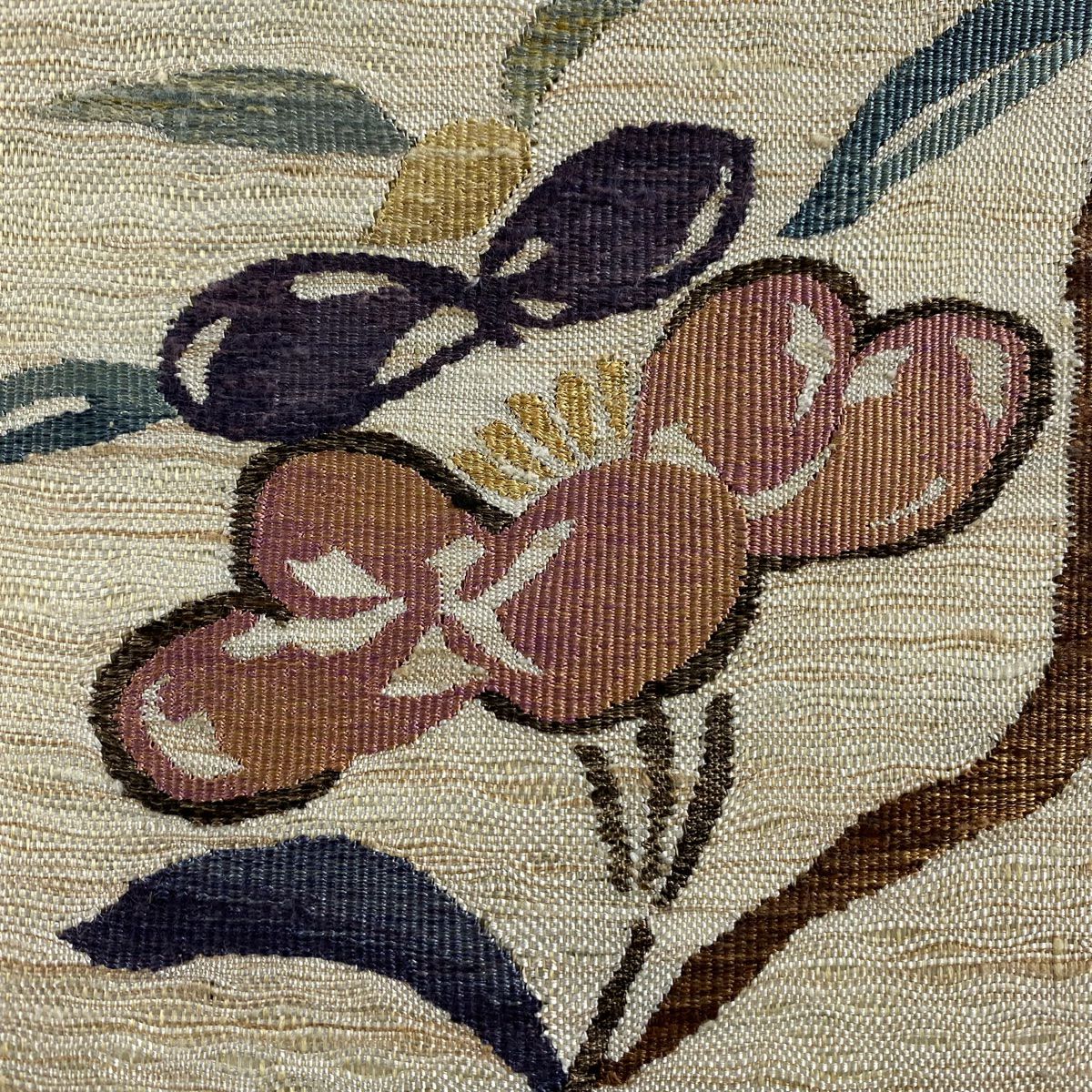 【美品】 袋帶 秀品級 草花紋 灰綠 お太鼓圖案 純蠶絲